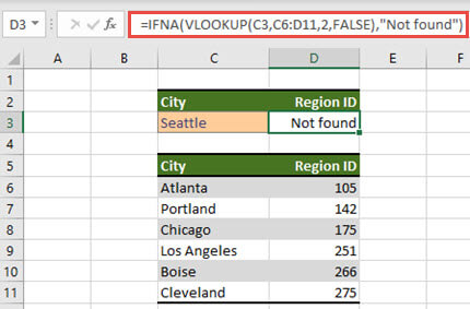 将 IFNA 与 VLOOKUP 配合使用以防止显示 #N/A 错误