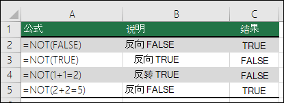 NOT 函数对参数进行求反的示例