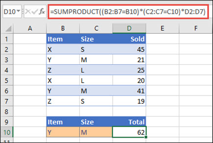 使用 SUMPRODUCT 函数返回总销售额的示例