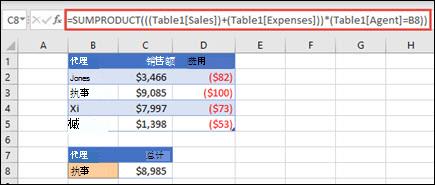 SUMPRODUCT 函数的示例：按销售代表汇总销售额和费用