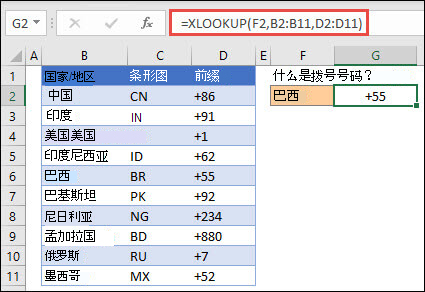 单元格 G2 中的公式为 =XLOOKUP(F2,B2:B11,D2:D11),根据国家/地区名称返回对应的拨号代码